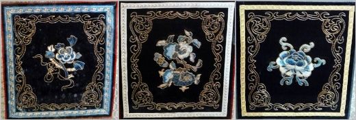 Three Chinese embroidered panels, probably Sanlan, foliate motifs, all approximately 20cm in