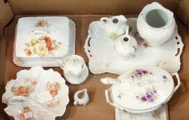 A Victorian dressing table tray, two perfume jugs, decorated with orange flowers and other