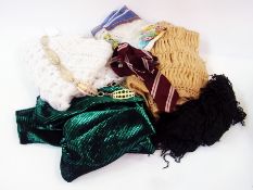 A quantity of vintage scarves, ties, metal belts and two shawls (1 box)