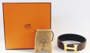 Brown leather Hermes belt, H-buckle, miniature dust bag for buckle in original box
