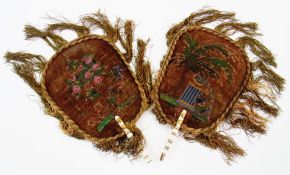 Pair of bone and beadwork fire screens, with dark-green velvet ground decorated with trees and