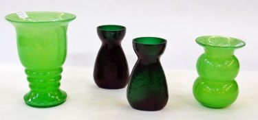 A Monart style green glass vase of tapering form together with another, smaller of bulbous and