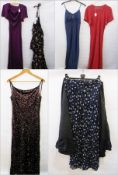 Five various dresses to include:- Jigsaw, Red, short-sleeved long maxi-dress, brown sequinned