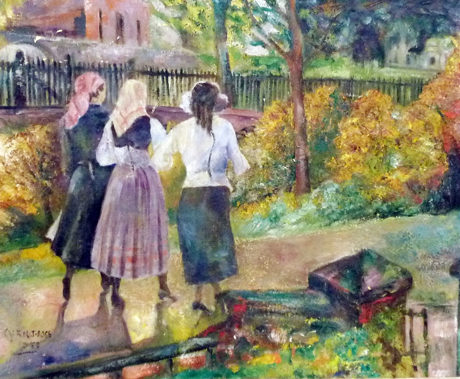 Oil on canvas
C J Ross 
Girls walking through a town park, signed and dated 1950, 45cm x 55cm