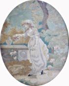 Georgian silkwork picture in oval velvet frame depicting young girl with roses, 21cm high