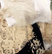 A wedding veil, unfinished bodice, quantity lace and other dressmaking materials, quantity materials