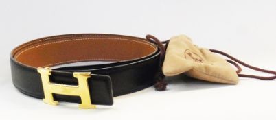 Hermes black leather belt H-buckle, Hermes dust bag for the buckle, no box, stamped "Hermes,