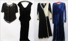 Mary Ruane of London long black and white knitted dress, a blue velvet evening dress, black velvet