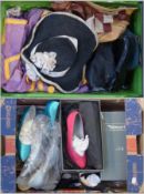 Quantity of assorted hats, galoshes, felt pieces, and some fancy dress (1 box)