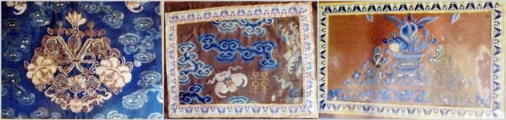 Three Chinese embroidered panels, probably Sanlan, foliate motifs, all approximately 20-30cm in