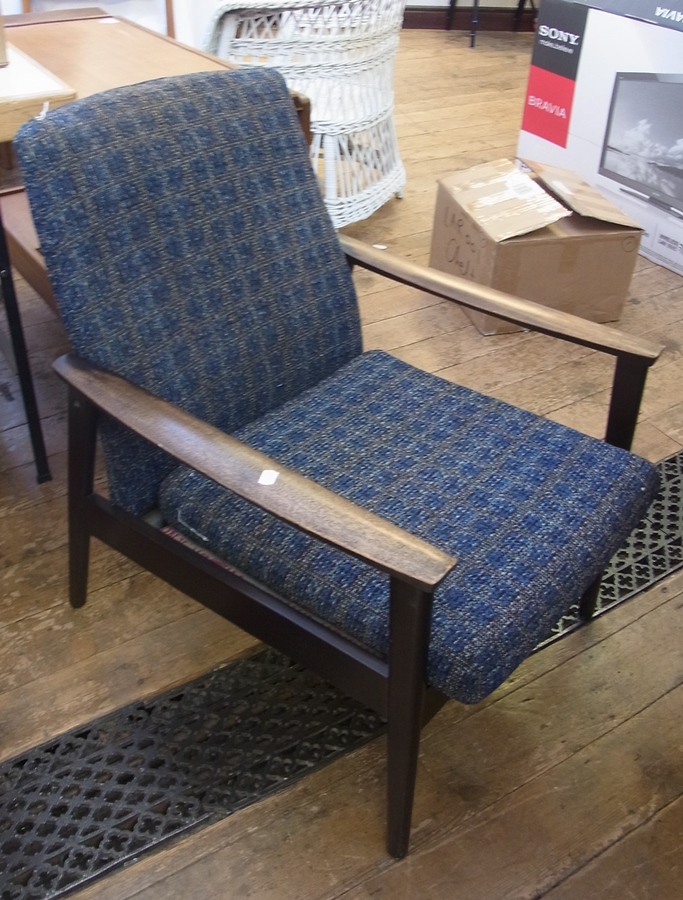 Mid 20th century Parker Knoll stained wood open armchair with blue tweed upholstery