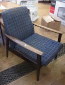 Mid 20th century Parker Knoll stained wood open armchair with blue tweed upholstery