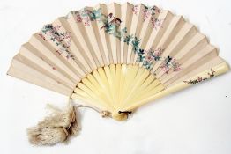 A 20th century ivory and printed fabric fan, decorated with blossoms and birds