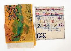 A 19th century sampler, with two alphabets, dated 1878, unframed and an oriental painted on paper