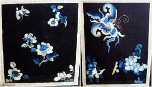 Two Chinese embroidered panels, probably Sanlan, foliate motifs, both approximately 20cm in width,