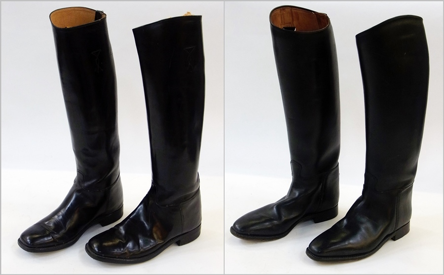 Circa 1915 leather military riding boots, size 9, and circa 1942 military riding boots, size 9-10 (