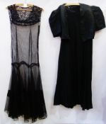 A black lace and net gown, circa 1940's and a black skirt and jacket