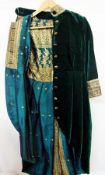 Velvet evening coat, lined with sari silk, bottle green, with mandarin collar, detail to the cuffs