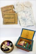 Children's needlework sampler books (2), some lace pieces, box of buttons, transfer patterns and a