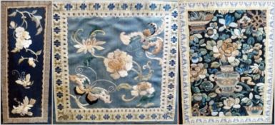 Three Chinese embroidered panels, probably Sanlan, foliate motifs, widths varying between 10cm and