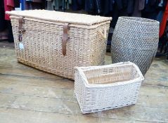 Large wicker hamper (height 53cm), cylindrical basket and a wicker newspaper rack (3)