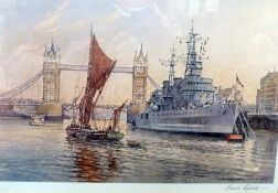 Limited-edition print 
After Frank Shipsides (1908-2005) 
Thames scene with battleship and Tower