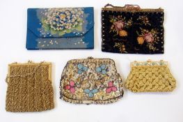 Various vintage evening bags including one embroidered bag with gilt and glass mounts, a small woven