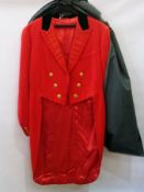 A red evening hunt coat, with Cotswold hunt gilt buttons and green velvet collar