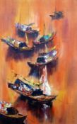 Oil on canvas 
Beard(?)
Junks on river, contemporary maritime scene, signed, 90cm x 58cm