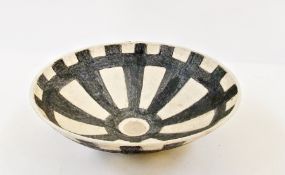 Large studio pottery bowl,  cream ground with black geometric line decoration, marked to base,