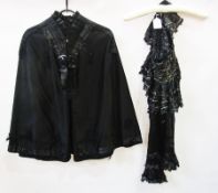 A Victorian black satin cape with frogging details together with a Victorian black silk collar