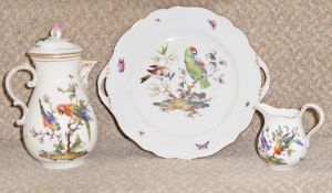 A Dresden part coffee set painted parrots and other birds (21) and insects