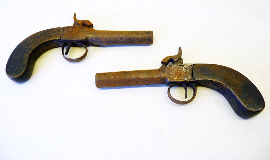 Two 19th century percussion pistols, a brass powder flask, copper horn and a reproduction kukri (5)