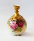 Late Victorian Royal Worcester rose painted vase, with ornate gilt relief moulded everted rim and