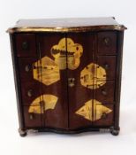 Japanese lacquered table cabinet, pair panelled doors enclosing three shelves to four small