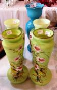 Pair Victorian pale green opaline glass vases, each shouldered, tapered with flared base, painted