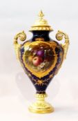 Coalport porcelain covered vase, having yellow domed cover with pointed finial, everted rim,