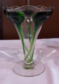 Stourbridge Art Nouveau glass vase having scalloped rim, tapering body applied with green relief