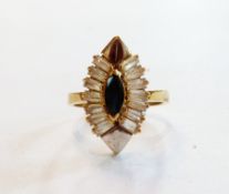 Gold-coloured metal, (stamped 750), sapphire and white stone dress ring, elliptical set central