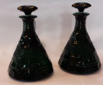 Pair Georgian cut green glass ship's decanters, circa 1830. each with mushroom stopper, serrated