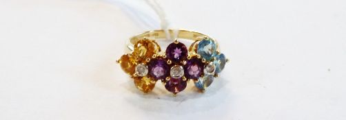 14ct gold, diamond and multi-coloured stone flowerhead ring, set aquamarine, amethyst and citrine