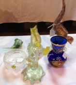 Murano clear gilt and pink glass bird, two others similar (af), cut trinket bowl and a blue