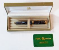 A Hero-Doctor fountain pen with 14ct gold nib and blue marbled barrel and cap