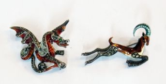 A silver and enamel dragon brooch, marked 925 and a silver and enamel antelope brooch (2)