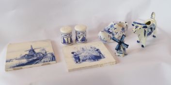 Two Delft tiles, Delft cow jug and other Delft items (7)