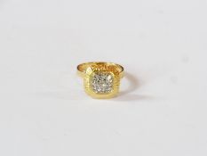 18ct yellow gold and diamond cluster ring in square setting with bark effect