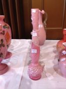 Victorian pink and clear spill vase with scroll and branch base, another pair similar vases, pink