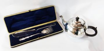 Quantity of EPNS items to include:- set of six fish knives and forks, boxed, teapots, three soup