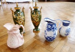 Pair china trophy vases, gilt decorated, a Mulbury blue and white china vase and another, similar,