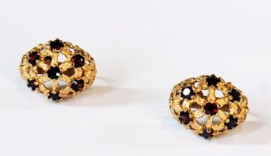 Pair 9ct gold and garnet clip-on earrings, floral decorated
